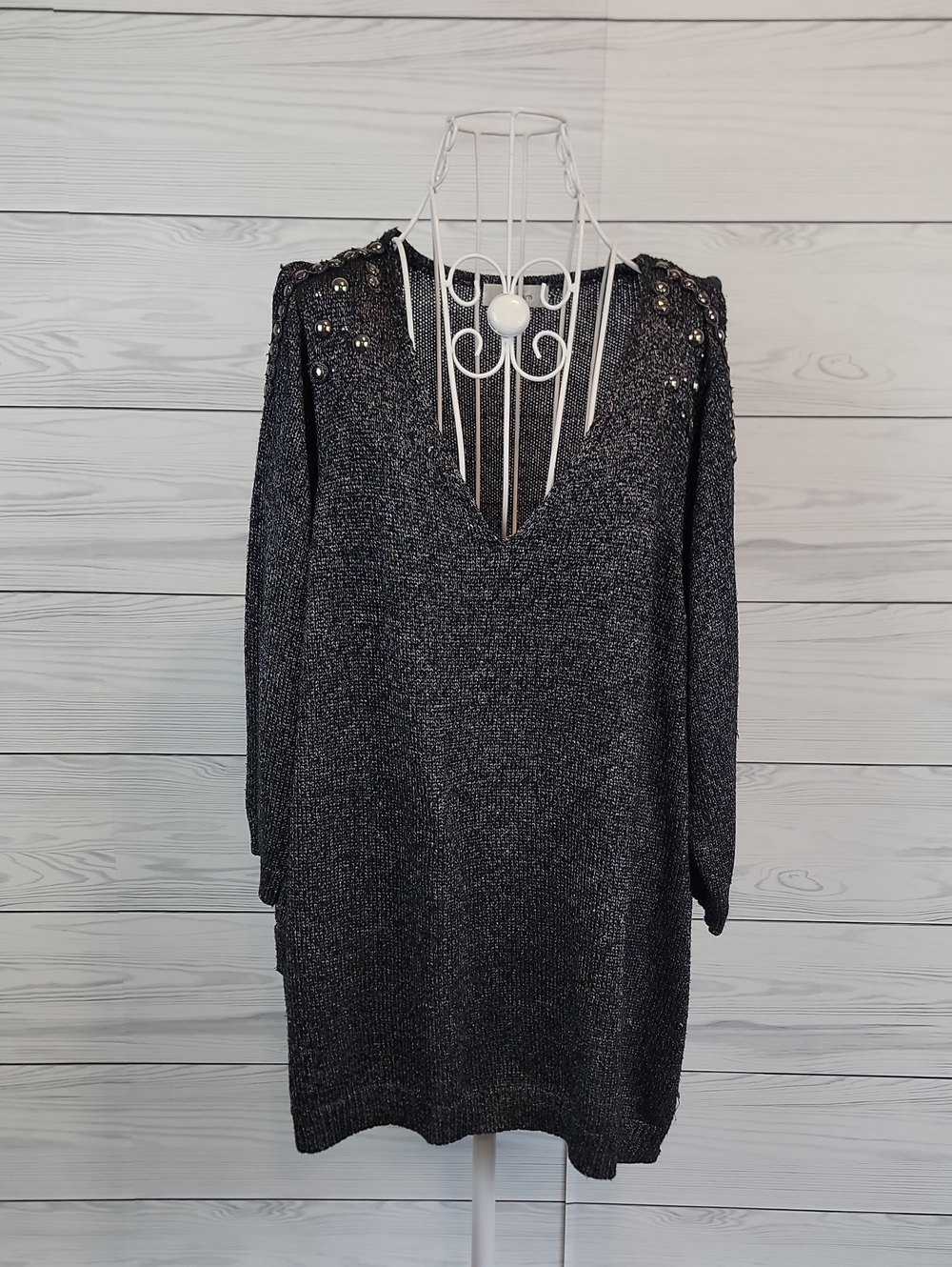 dressbarn Black Sparkle V-Neck Sweater Embellished Shoulders Womens Size 3X